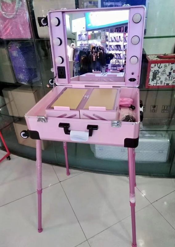 Cassa trucco regolabile gambe a scaffale maletina pesante specchietto a luce a led cosmetici ruotanti 4 ruote carrello cassa trucco